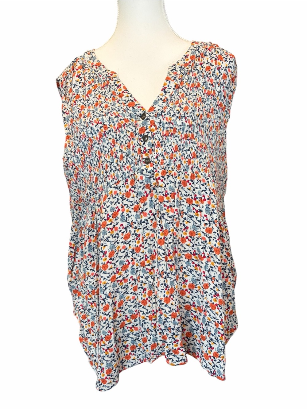 Orange & Blue Floral Sleeveless V-Neck Top